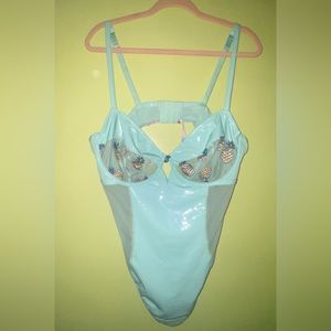 Savage X Fenty Teal Latex & Lace Pineapple Print Lingerie Bodysuit